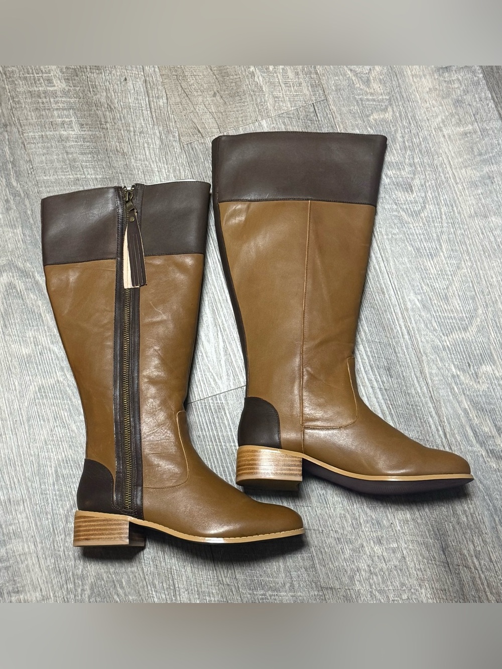 Twiggy London Women's Tall Two-Tone Brown Leather Riding Boots
